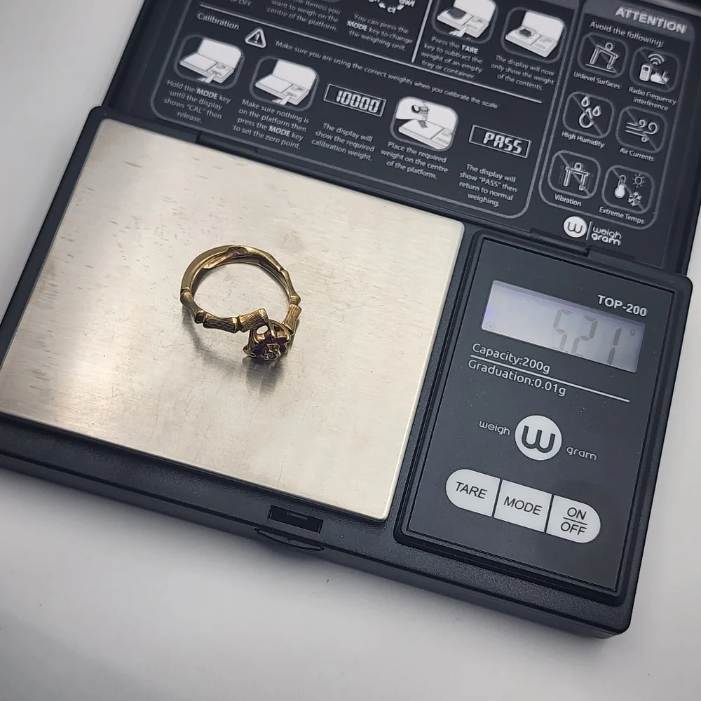 Vintage 14K Gold Bamboo-Style Ruby & Diamond Flower Bypass Ring (7.75) - Picture 10 of 10